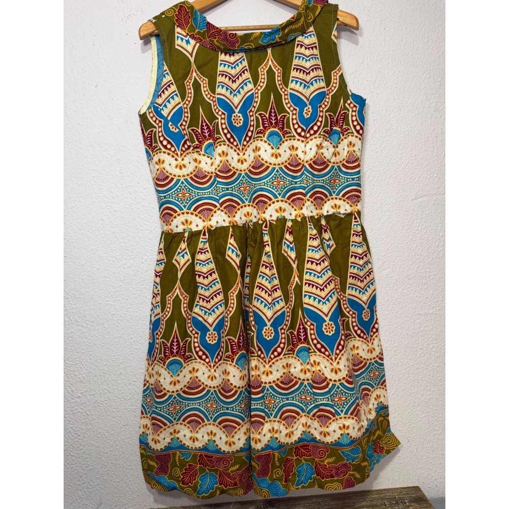 Unik Elegance Ankara Wax Print Dress Olive Turquoise Portrait Collar L Boho